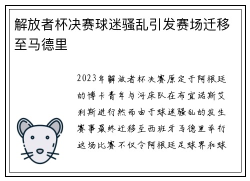 解放者杯决赛球迷骚乱引发赛场迁移至马德里